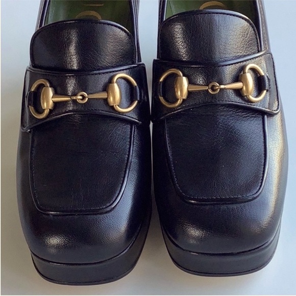 Gucci Houdan Black Leather Gold Horsebit Platform Slip On Loafers S 39 1/2 - Picture 3 of 12